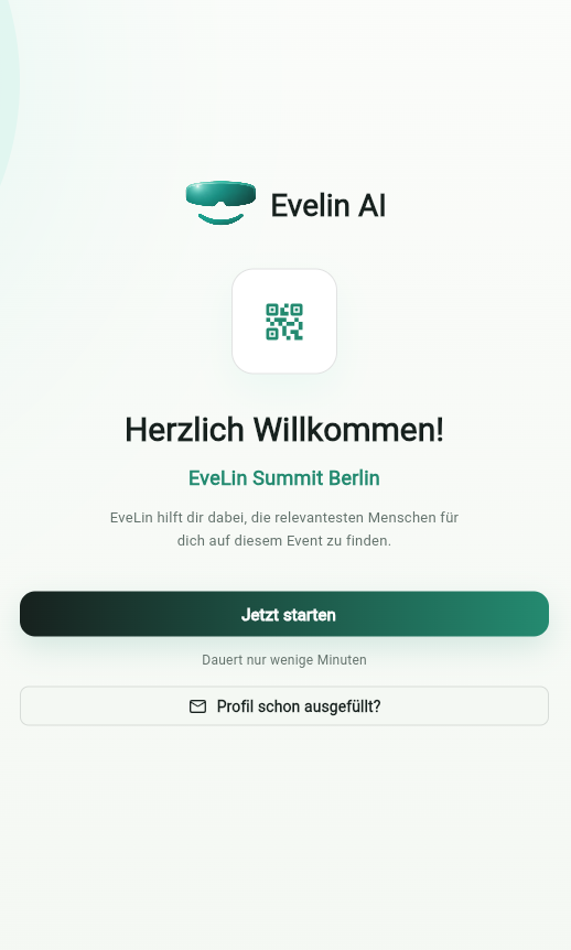 EveLin welcome screen after a guest scans the event QR code